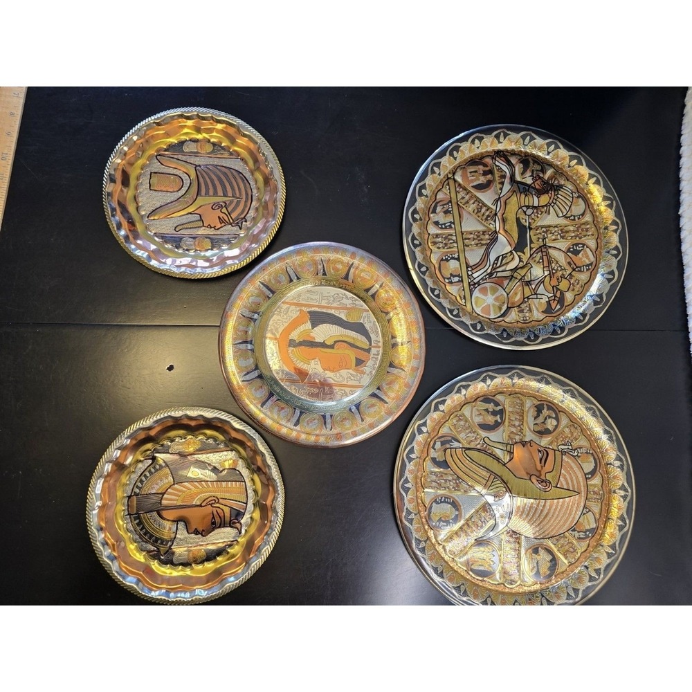 Egyptian‎ Brass Set of 5 Handmade Decorative Plates, Pharaoh Motif, 8-12 Inch